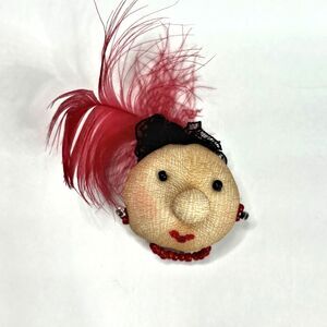 Soft Sculpture Doll Face Brooch Pin Handmade Pillowy Red Feather Statement Vtg